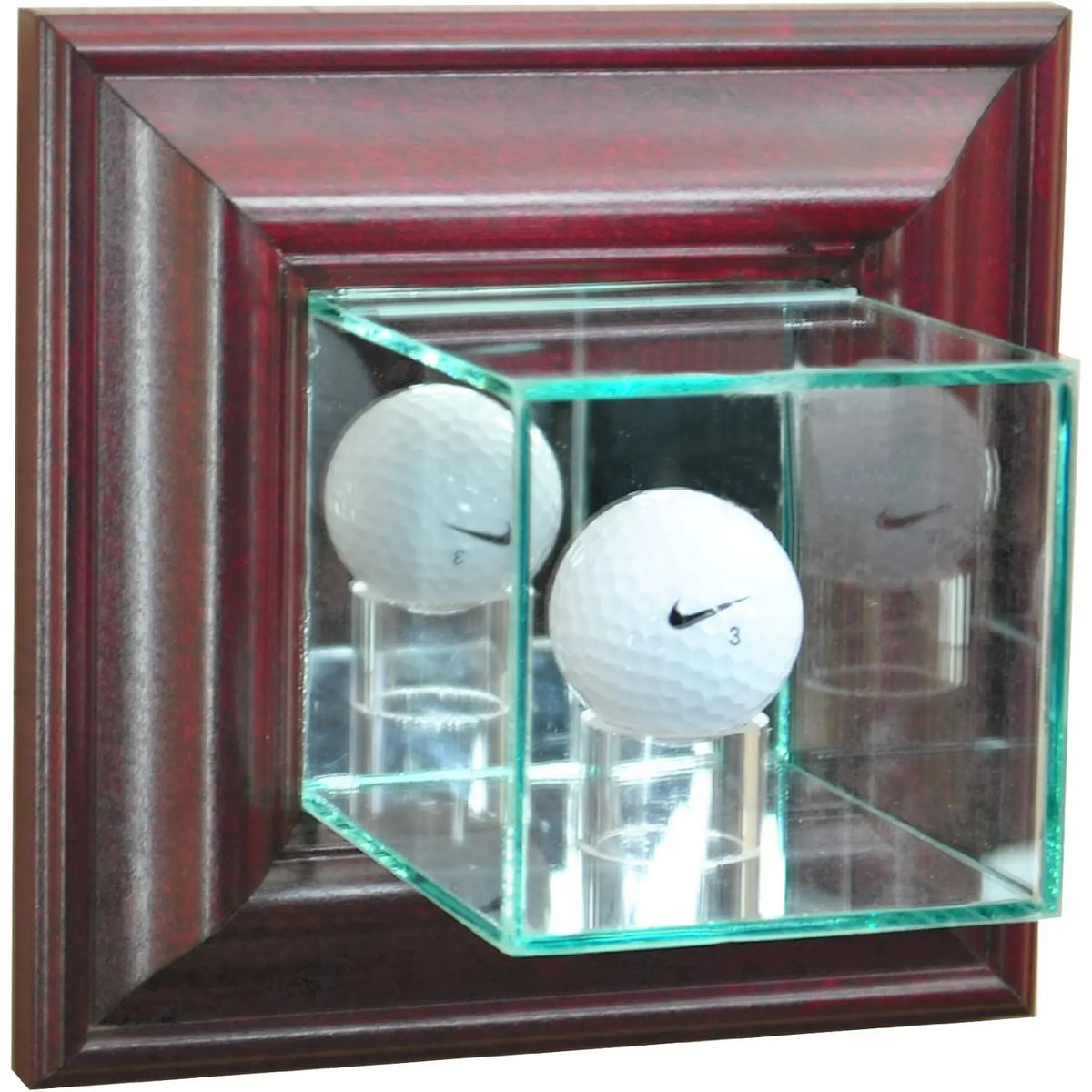 Real Glass Wall Mounted Golf Ball Display Case Cherry Wood Frame