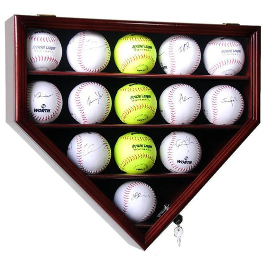 14 Softball Ball Display Case Cabinet - Home Plate Shaped Cherry Wood Frame