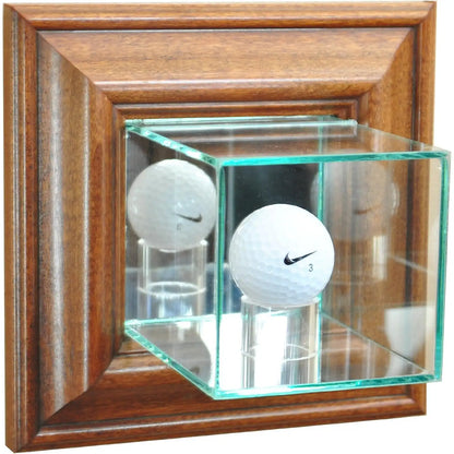 Real Glass Wall Mounted Golf Ball Display Case Walnut Wood Frame