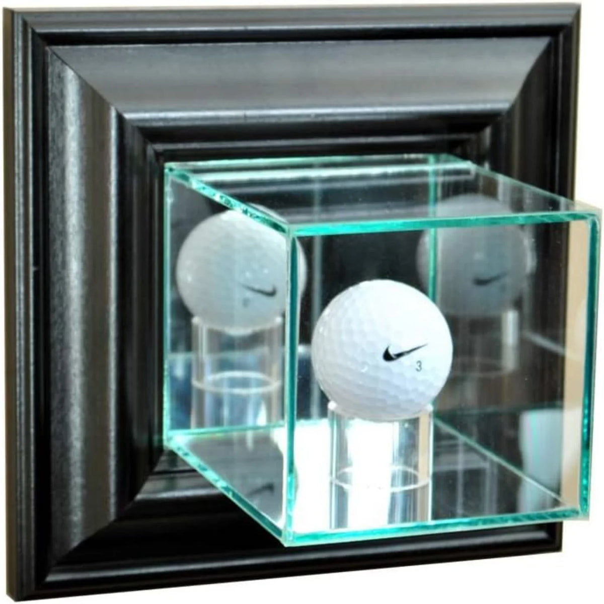 Real Glass Wall Mounted Golf Ball Display Case Black Wood Frame