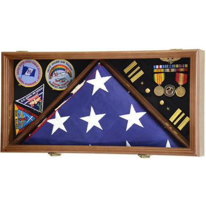 Flag and Medals Display Case Cabinet Walnut