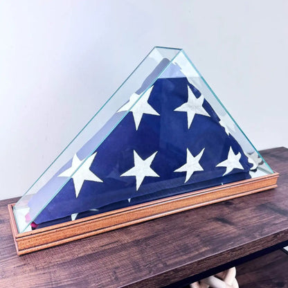 Real Glass Tabletop Flag Display Case with Wood Moulding Walnut