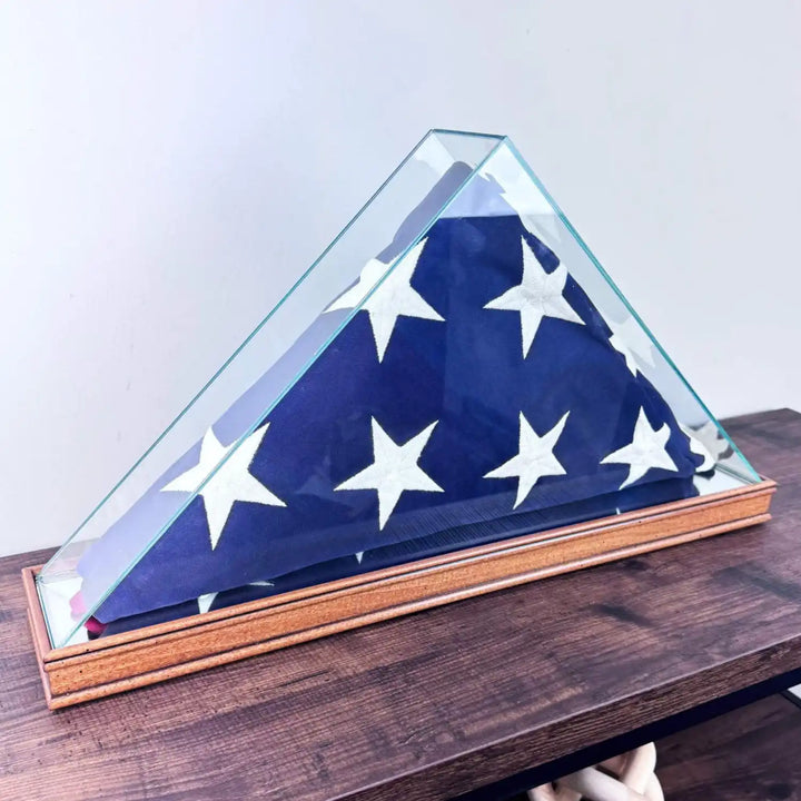 Real Glass Tabletop Flag Display Case with Wood Moulding Walnut