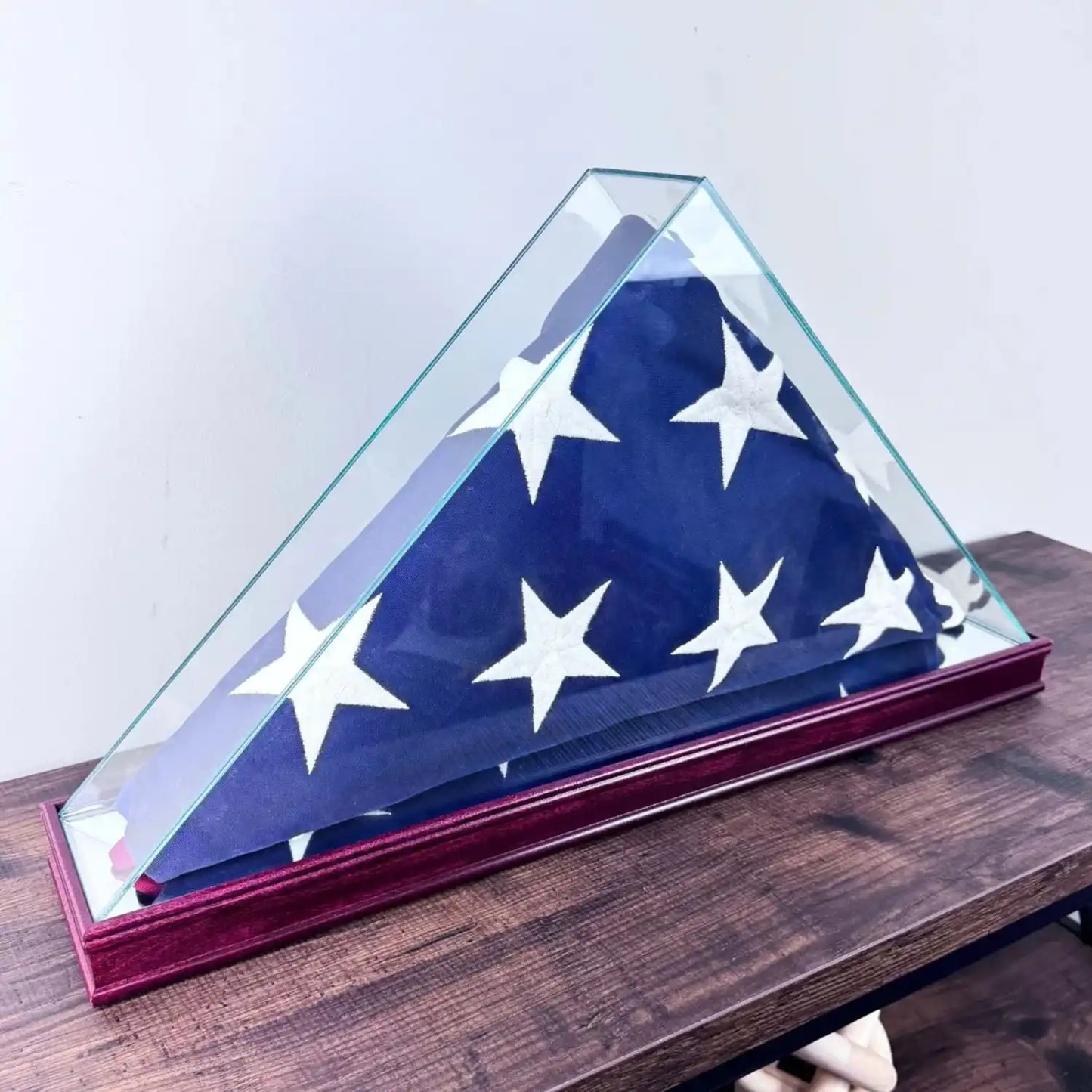Real Glass Tabletop Flag Display Case with Wood Moulding Cherry