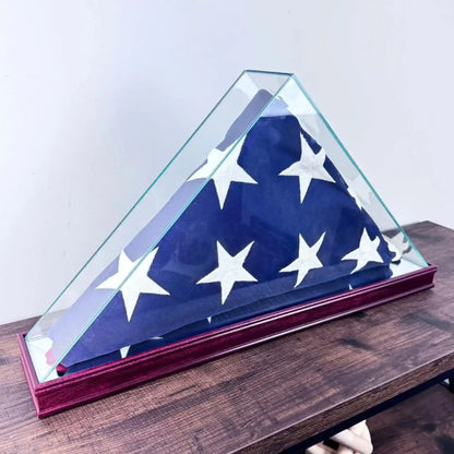 Real Glass Tabletop Flag Display Case with Wood Moulding Cherry