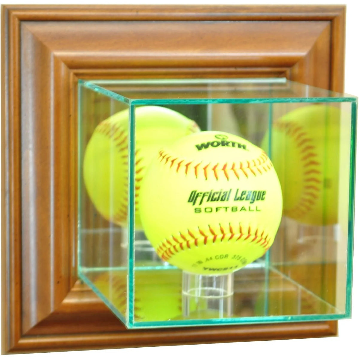 Real Glass Wall Mounted Softball Display Case Walnut Wood Frame