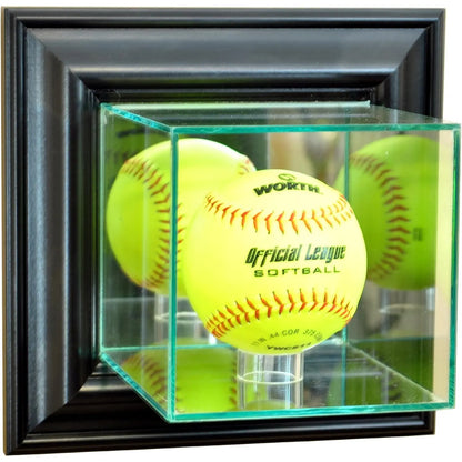Real Glass Wall Mounted Softball Display Case Black Wood Frame