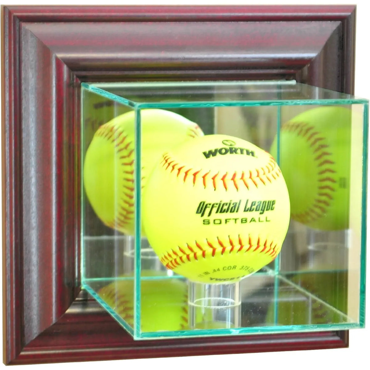 Real Glass Wall Mounted Softball Display Case Cherry Wood Frame