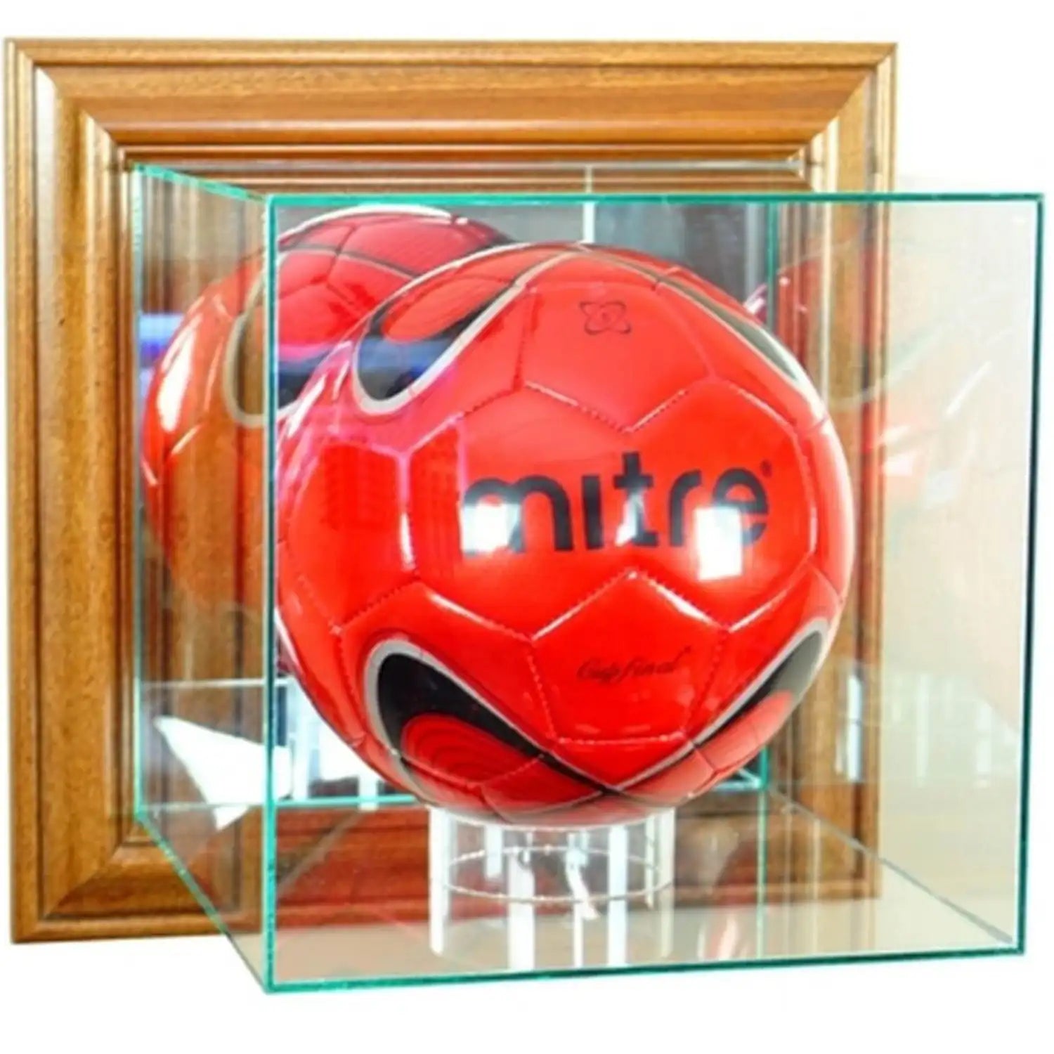 Real Glass Wall-Mounted Soccer Ball Display Case Walnut