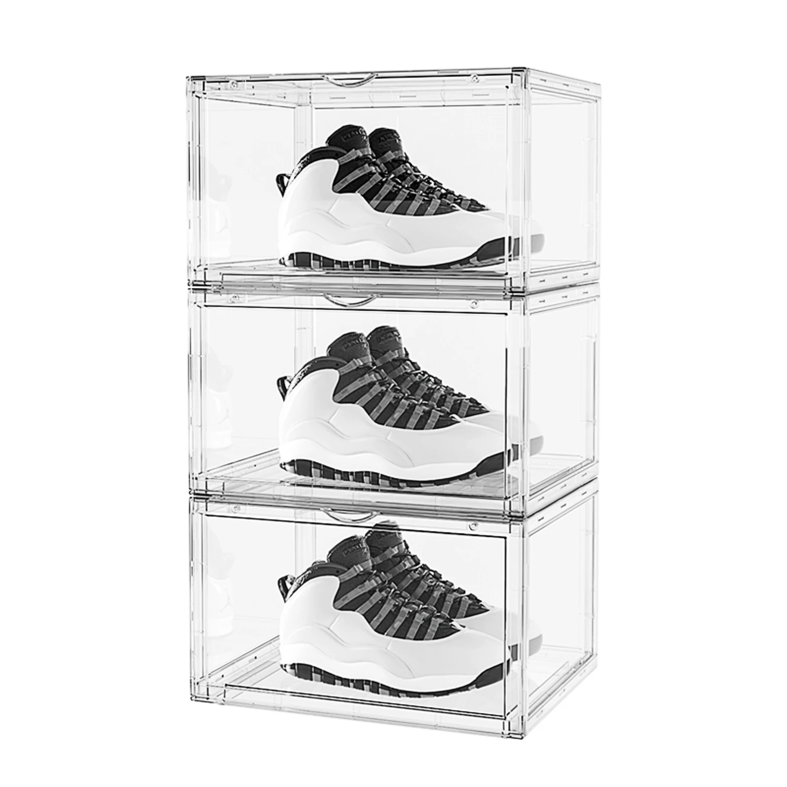 Stackable sneaker display case with a drop-side magnetic door, featuring a versatile and convenient interlocking design. The sleek display case is constructed with durable materials, allowing for easy stacking and creating a customizable showcase for your sneaker collection.