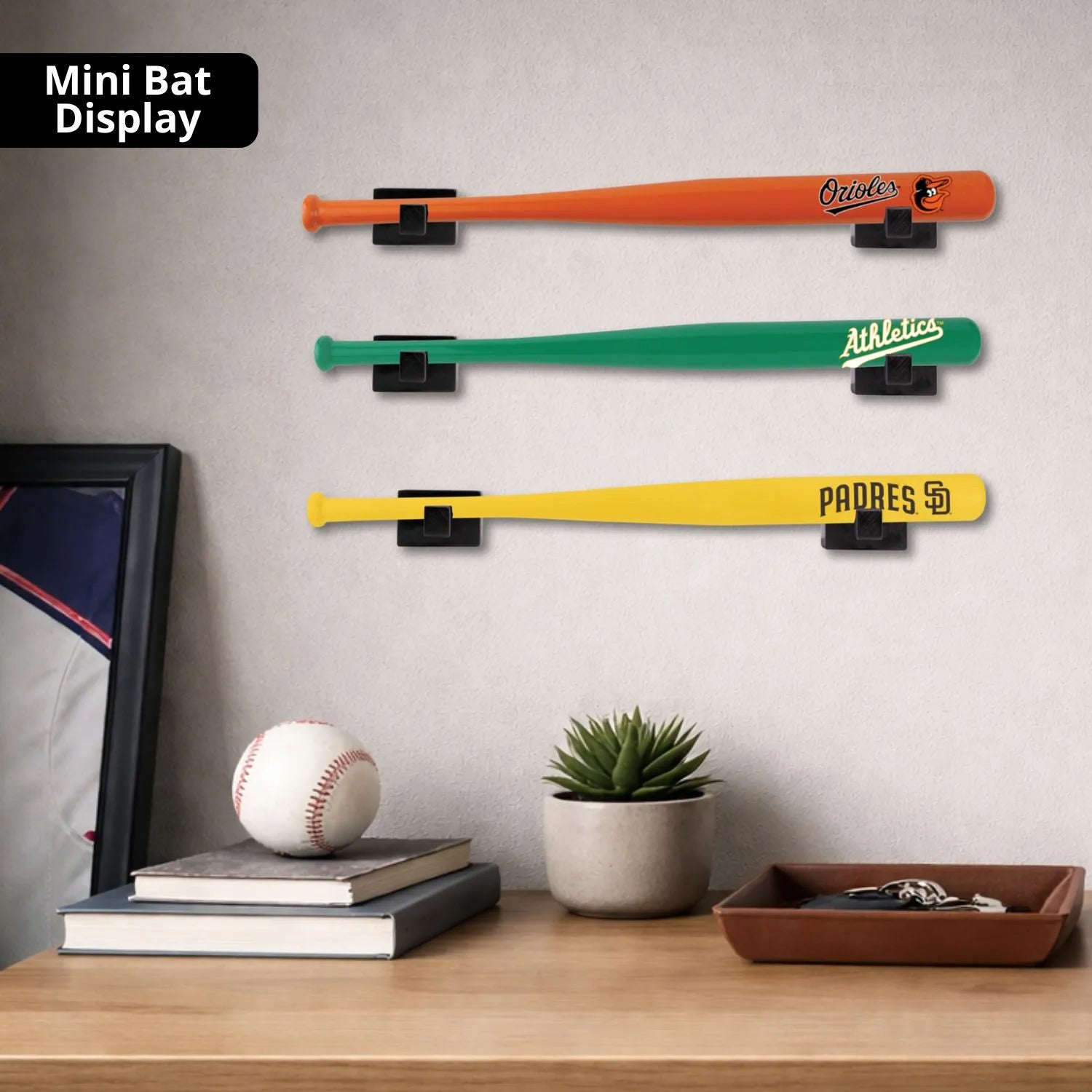 Mini Baseball Bat Display Case - Mini Baseball Bat Hanger Holder - Horizontal Wall Mount Rack Bracket - Black