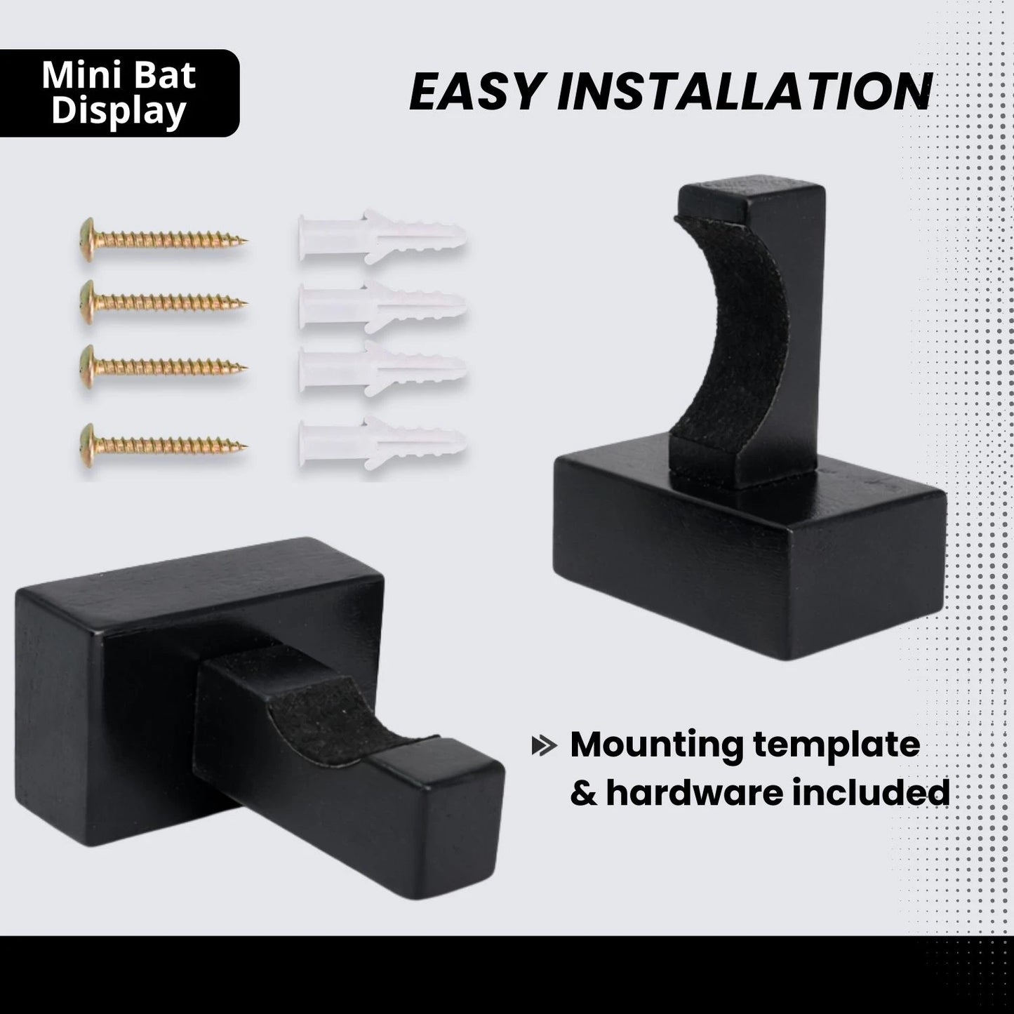 Mini Baseball Bat Display Case - Mini Baseball Bat Hanger Holder - Horizontal Wall Mount Rack Bracket - Black