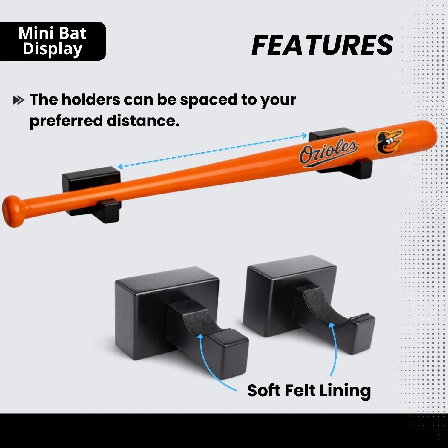 Mini Baseball Bat Display Case - Mini Baseball Bat Hanger Holder - Horizontal Wall Mount Rack Bracket - Black