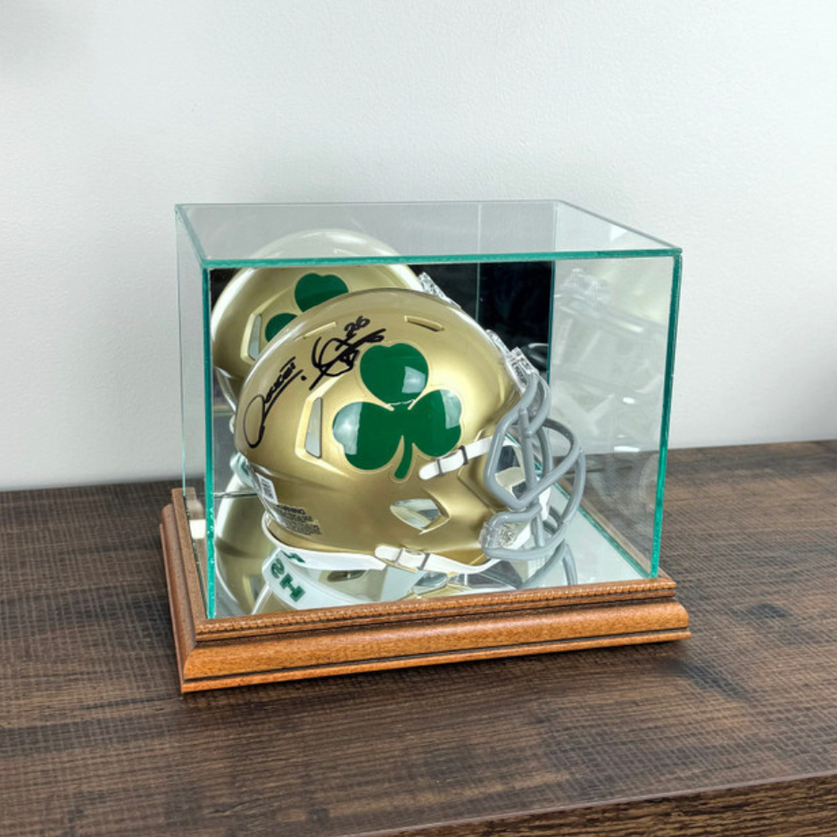 Real Glass Mini Football Helmet Display Case UV Protection Walnut Wood