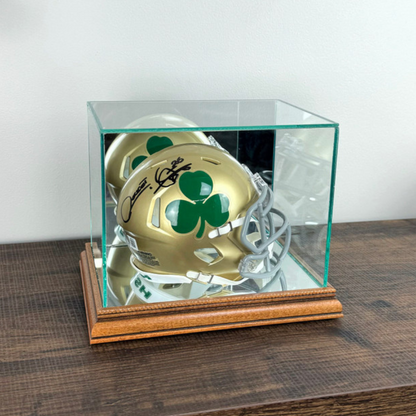 Real Glass Mini Football Helmet Display Case UV Protection Walnut Wood