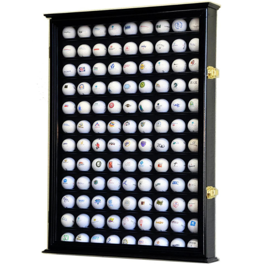 Golf Ball Display case with 108 golfballs arranged in a cabinet on a white background