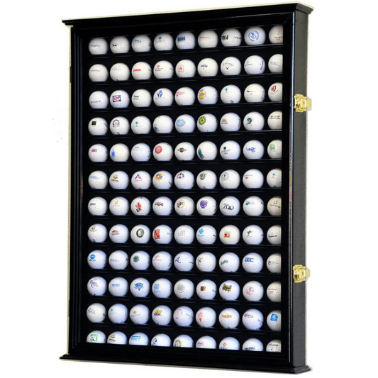 Golf Ball Display case with 108 golfballs arranged in a cabinet on a white background