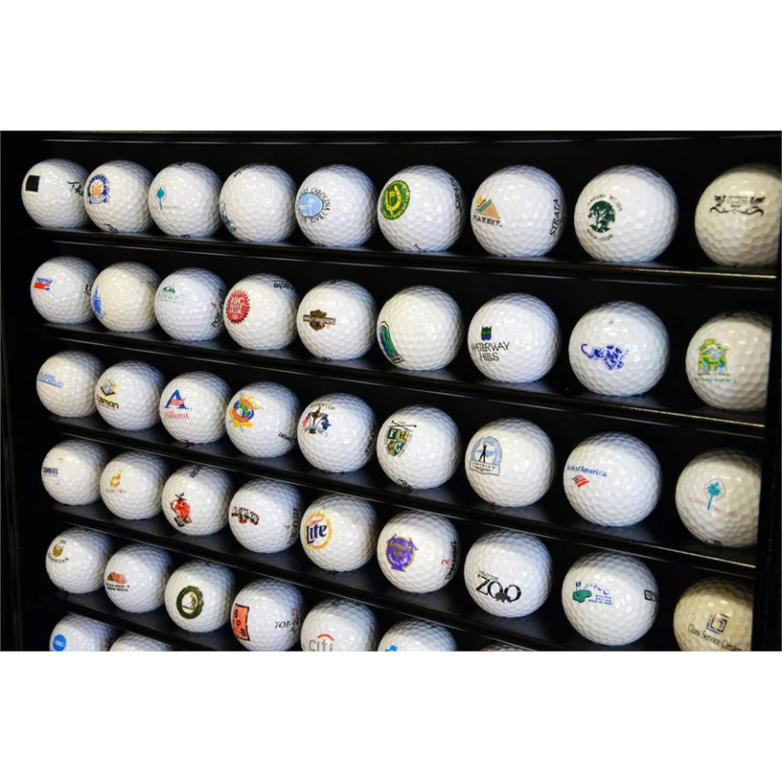Golf Ball Display case holder with 108 golfballs arranged in a cabinet on a white background