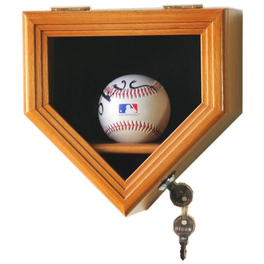 Oak baseball display case holder with UV Protection. Holds 1 autographed baseballs arranged in a home plate shape.