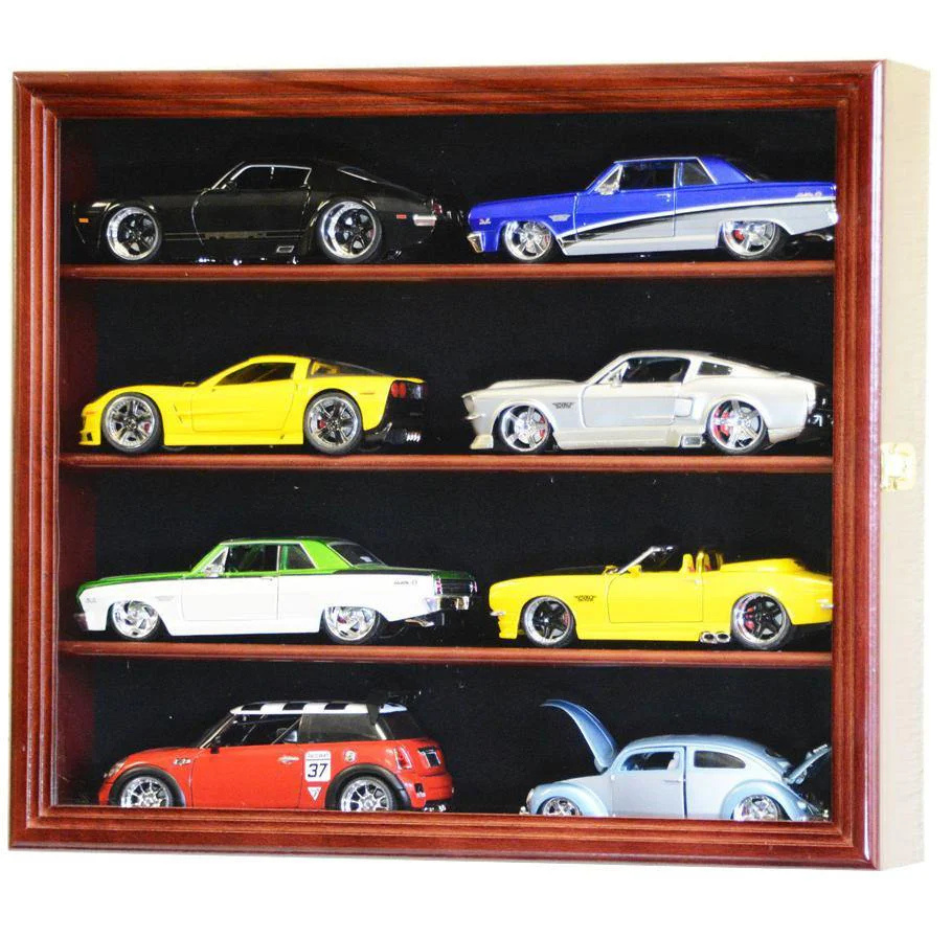 Small 1/24 Scale Diecast Car Display Case Cabinet UV Protection Cherry Wood