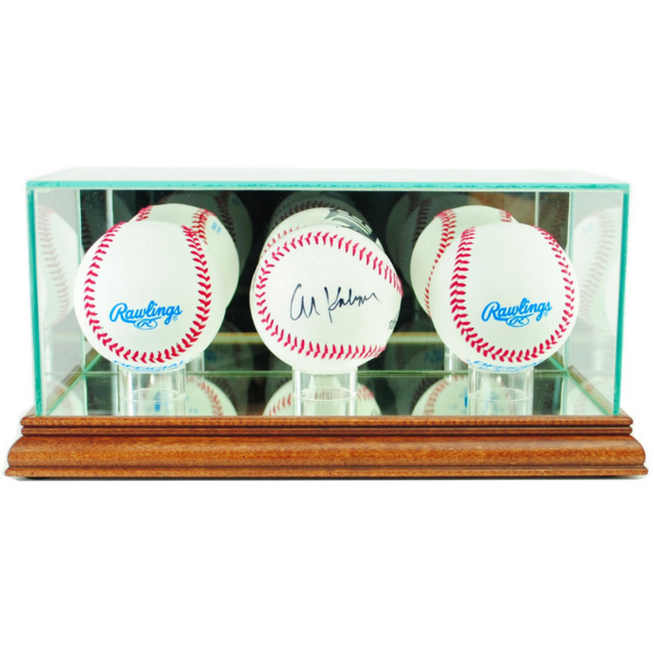 Real Glass Triple Baseball Display Case Walnut Wood UV Protection MLB Ball Holder
