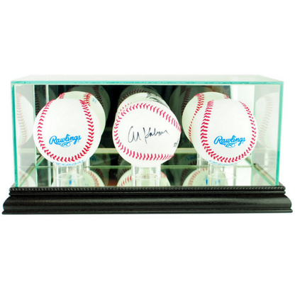 Real Glass Triple Baseball Display Case Black Wood UV Protection MLB Ball Holder