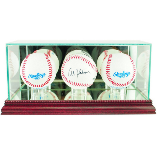 Real Glass Triple Baseball Display Case Cherry Wood UV Protection MLB Ball Holder