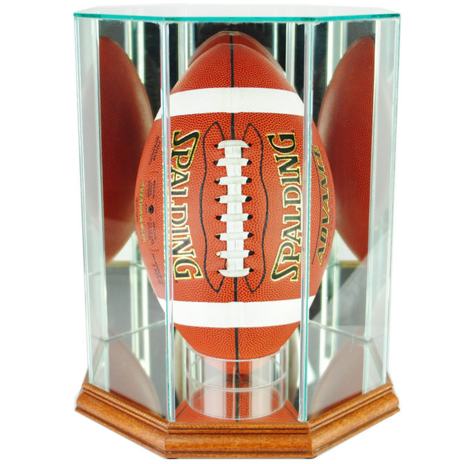 Real Glass Upright Football Display Case UV Protection NFL Walnut Wood