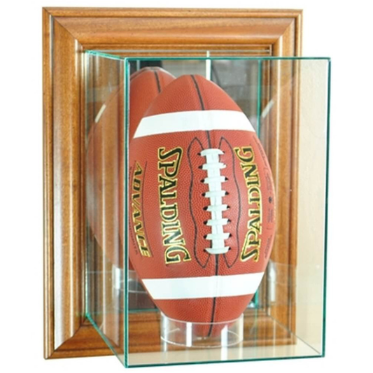 Real Glass Wall Mounted Upright Football Display Case UV Protection NFL NCAA Full Size Football Walnut Wood