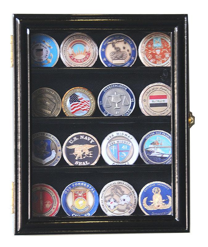 16 Military Challenge Coin Display Case Cabinet Oak UV Protection Black