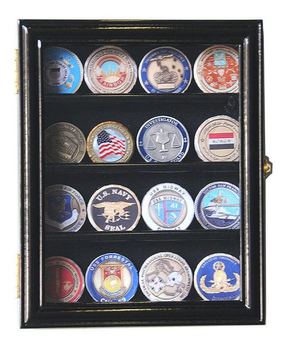16 Military Challenge Coin Display Case Cabinet Oak UV Protection Black