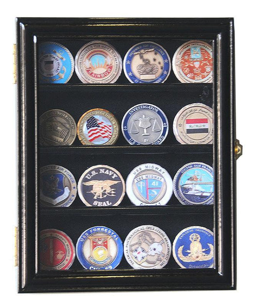 16 Military Challenge Coin Display Case Cabinet Oak UV Protection Black