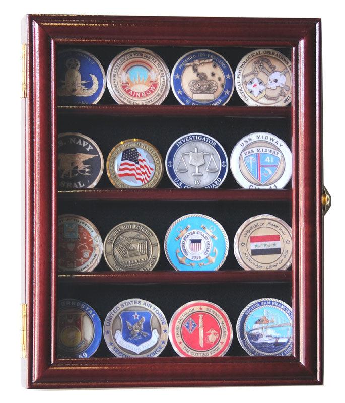 16 Military Challenge Coin Display Case Cabinet Oak UV Protection Cherry