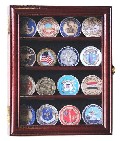16 Military Challenge Coin Display Case Cabinet Oak UV Protection Cherry