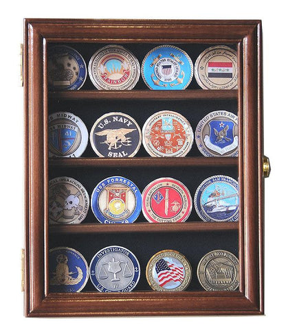 16 Military Challenge Coin Display Case Cabinet Oak UV Protection Walnut